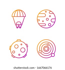 Set line Solar system, UFO abducts cow, Planet Saturn and Satellite dish. Gradient color icons. Vector