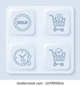 Establecer línea Etiqueta de venta, Añadir a carro de compra, Reloj 24 horas y Carrito de compra con marca de verificación. Botón cuadrado blanco. Vector
