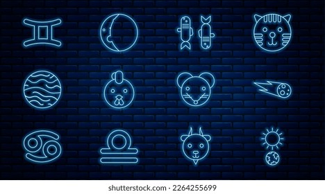 Set line Solstice, Comet falling down fast, Pisces zodiac, Rooster, Planet Venus, Gemini, Rat and Eclipse of the sun icon. Vector