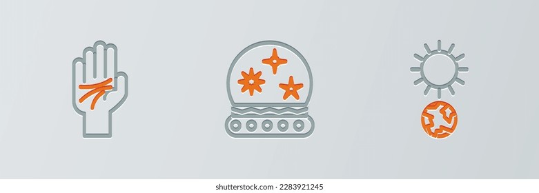Set line Solstice, Palmistry of the hand and Magic ball icon. Vector