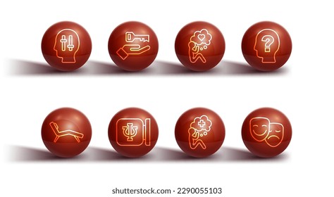 Set line Solution to the problem, Armchair, Head with question mark, Helping hand, Psychology, Psi, Comedy tragedy masks and heart icon. Vector