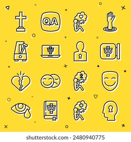 Set line Solution to the problem, Comedy theatrical mask, Psychology, Psi, Head with heart, Psychologist online, Metronome pendulum, Graves funeral sorrow and  icon. Vector