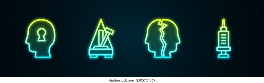 Set line Solution to the problem, Metronome with pendulum, Bipolar disorder and Addiction drug. Glowing neon icon. Vector