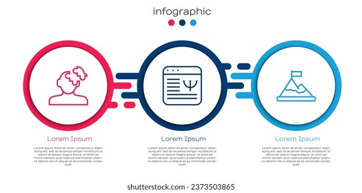 Set line Solution problem in psychology, Online psychological counseling and Mountains with flag top. Business infographic template. Vector