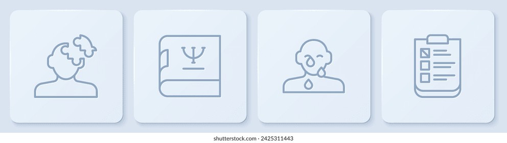 Set line Solution problem in psychology, Tear cry eye, Psychology book and Psychological test. White square button. Vector