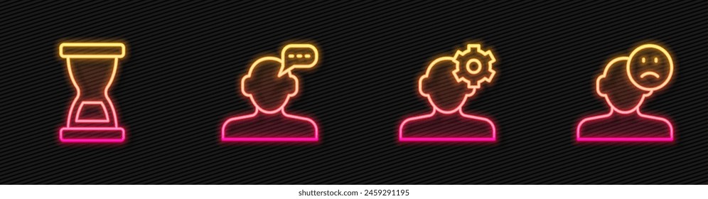 Set line Solution problem in psychology, Old hourglass, Online psychological counseling and Sad and depressed man, bad mood. Glowing neon icon. Vector