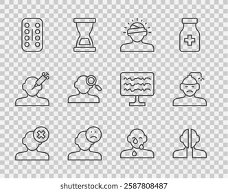 Set line Solution problem in psychology, Bipolar disorder, Concussion, headache, Sad and depressed man, bad mood, Sedative pills, Finding, Tear cry eye and  icon. Vector