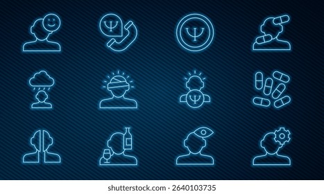 Set line Solution problem in psychology, Medicine pill or tablet, Psychology, Concussion, headache, Depression and frustration, Good mood,  and Online psychological counseling icon. Vector