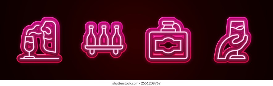 Set Linie Sommelier, Flasche Wein, Karton und Weinprobe, Degustation. Leuchtendes Neonsymbol. Vektorgrafik