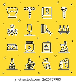 Set line Sommelier, Bottle of wine, Book about, Wine glass, Drying grapes, Chef hat and tasting, degustation icon. Vector