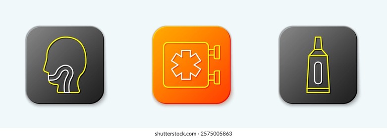 Set line Sore throat, Medical symbol of the Emergency and Ointment cream tube medicine icon. Vector