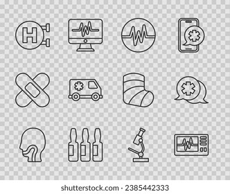 Set line Sore throat, Monitor with cardiogram, Heart rate, Medical vial, ampoule, Hospital signboard, Emergency, Microscope and Dialogue the doctor icon. Vector