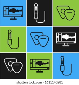 Set line Sound or audio recorder on monitor, Guitar pick and Audio jack icon. Vector