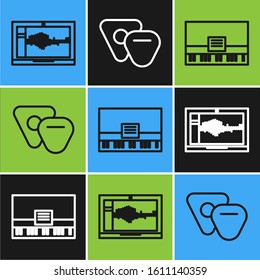 Set line Sound or audio recorder on laptop, Piano and Guitar pick icon. Vector