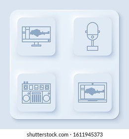 Set line Sound or audio recorder on monitor, Microphone, DJ remote for playing and mixing music and Sound or audio recorder on laptop. White square button. Vector