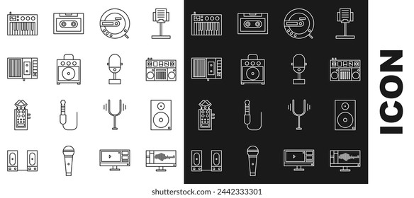 Set line Sound or audio recorder on monitor, Stereo speaker, DJ remote for playing and mixing music, Music CD player, Guitar amplifier, tape, synthesizer and Microphone icon. Vector