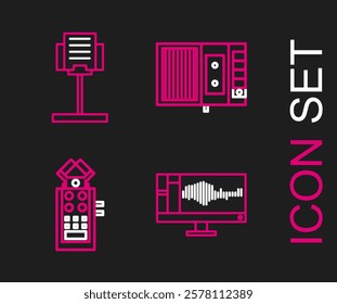 Set line Sound or audio recorder on monitor, Microphone, Music tape player and stand icon. Vector