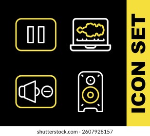 Set line Sound or audio recorder, Stereo speaker, Speaker mute and Pause button icon. Vector