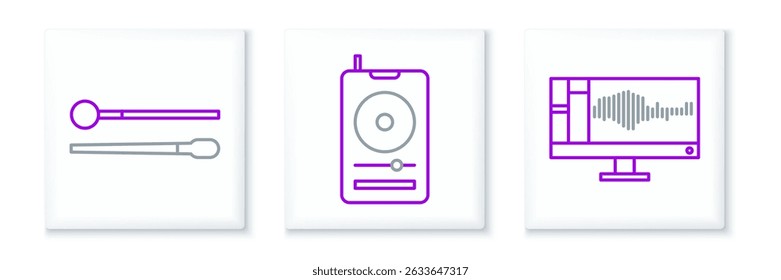 Set line Sound or audio recorder on monitor, Drum sticks and Music player icon. Vector