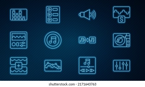 Set line Sound mixer controller, Vinyl player with vinyl disk, Speaker volume, Music note, tone, Drum machine, equalizer,  and playlist icon. Vector