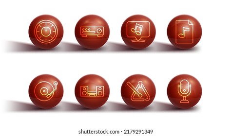 Set line Sound mixer controller, Vinyl player, MP3 file document, Triangle musical instrument, Home stereo with two speakers, Microphone and Music note, tone icon. Vector