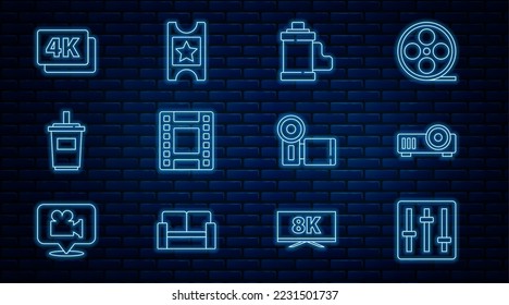 Set line Sound mixer controller, Media projector, Camera film cartridge, Play Video, Paper glass with water, 4k Ultra HD, Cinema camera and ticket icon. Vector