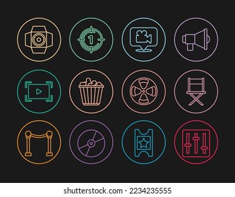 Set line Sound mixer controller, Director movie chair, Camera and location, Popcorn in box, Online play video, Movie spotlight, Film reel and Old film countdown frame icon. Vector
