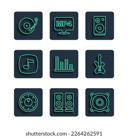 Set line Sound mixer controller, Stereo speaker, Music equalizer, note, tone, Vinyl player and Electric bass guitar icon. Vector