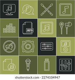 Set line Sound mixer controller, Music player, Air headphones, Drum sticks, MP3 file document, equalizer, Musical note in speech bubble and note, tone icon. Vector