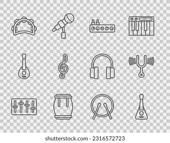 Set line Sound mixer controller, Guitar, Drum, Tambourine, Treble clef, and drum sticks and Musical tuning fork icon. Vector
