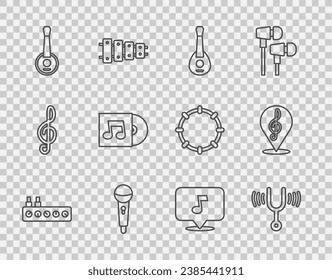 Set line Sound mixer controller, Musical tuning fork, Guitar, Microphone, Banjo, Vinyl disk, note, tone and Treble clef icon. Vector