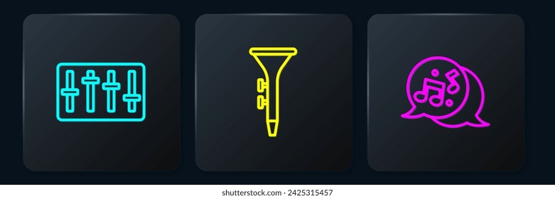 Set line Sound mixer controller, Music note, tone and Drum and drum sticks. Black square button. Vector