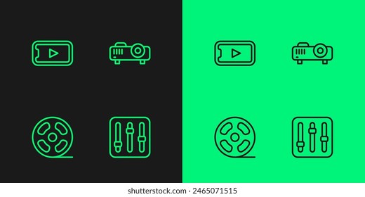 Set line Sound mixer controller, Film reel, Online play video and Movie, film, media projector icon. Vector