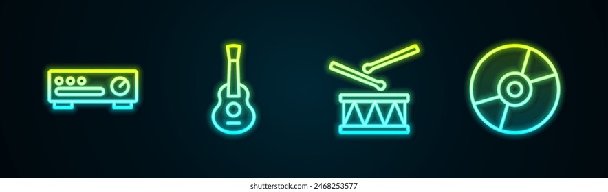 Set line Sound mixer controller, Guitar, Drum with drum sticks and Vinyl disk. Glowing neon icon. Vector