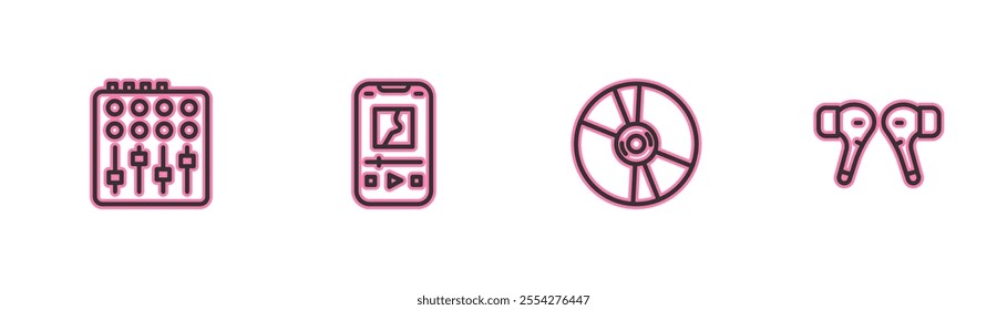 Set line Sound mixer controller, CD or DVD disk, Music player and Air headphones icon. Vector