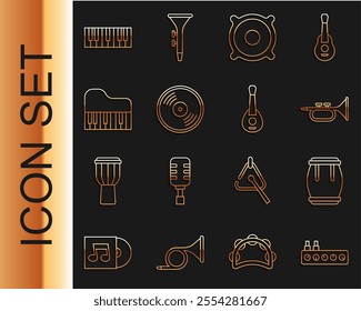 Set line Sound mixer controller, Drum, Trumpet, Stereo speaker, Vinyl disk, Grand piano, Music synthesizer and Guitar icon. Vector