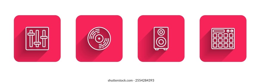 Set line Sound mixer controller, Vinyl disk, Stereo speaker and Drum machine with long shadow. Red square button. Vector