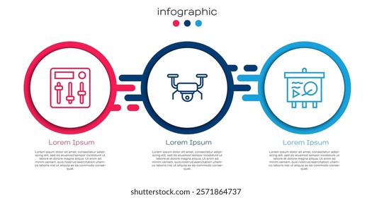 Set line Sound mixer controller, Drone flying and Scenario chalkboard. Business infographic template. Vector