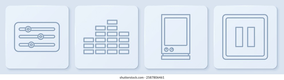 Set line Sound mixer controller, Voice assistant, Music equalizer and Pause button. White square button. Vector