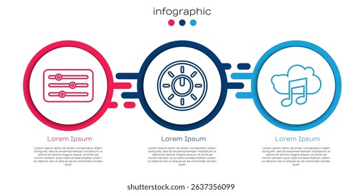 Set line Sound mixer controller, Dial knob level technology settings and Music streaming service. Business infographic template. Vector