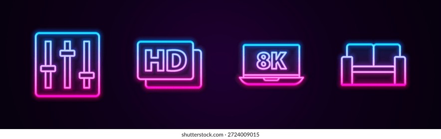 Controlador mezclador de sonido, película Hd, cinta, marco, computadora portátil con 8k y silla de cine. Icono de neón brillante. Vector