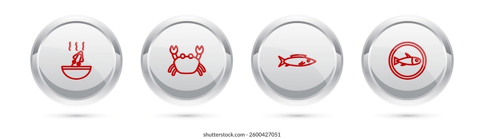 Set line Soup with octopus, Crab, Fish and Served fish on plate. Silver circle button. Vector