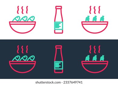 Set line Soup with shrimps, Fish soup and Sauce bottle icon. Vector