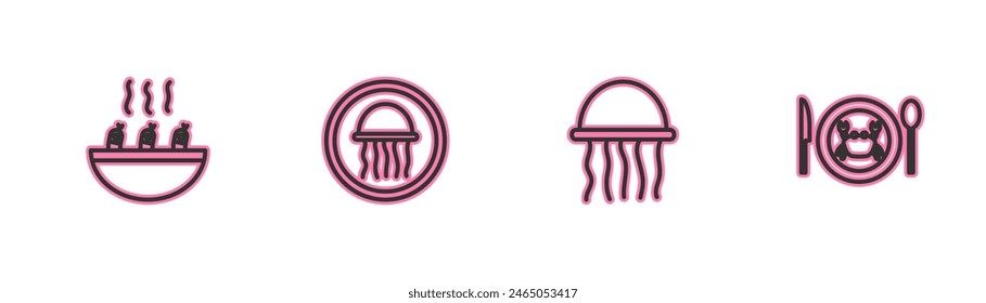 Set line Soup with shrimps, Jellyfish, on a plate and Served crab icon. Vector