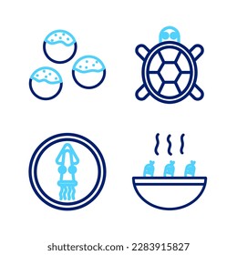 Set line Soup with shrimps, Octopus on a plate, Turtle and Takoyaki icon. Vector