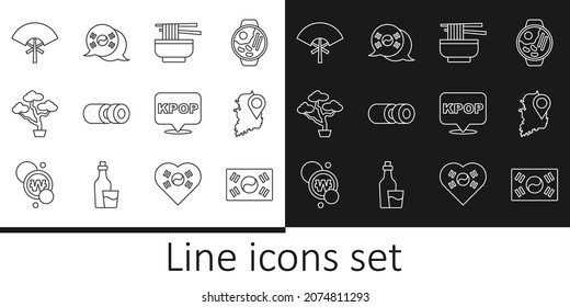 Set line South Korea flag, map, Ramen, Sushi, Bonsai tree, Traditional fan, K-pop and  icon. Vector