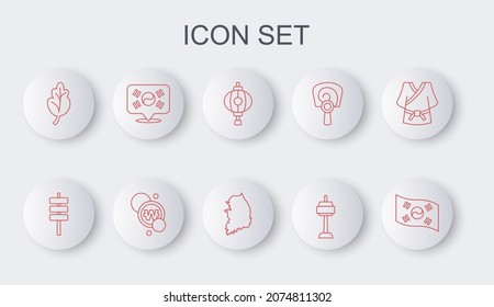 Set line South Korea flag, Korean food tokpokki, lantern, N Seoul tower in, Kimchi, Location, won coin and map icon. Vector