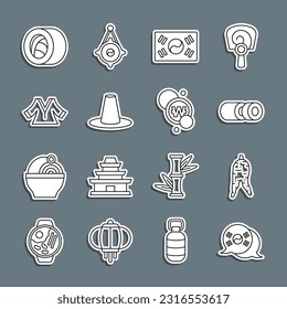 Set line South Korea flag, Ginseng root, Sushi, Korean hat, Kimono,  and won coin icon. Vector