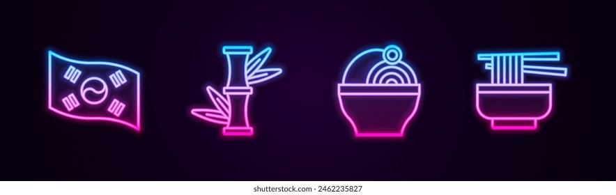 Fije la bandera de Corea del Sur, Bambú, Ramen y . Icono de neón brillante. Vector