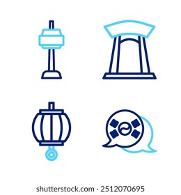 Set line South Korea flag, Korean lantern, gate and N Seoul tower in icon. Vector